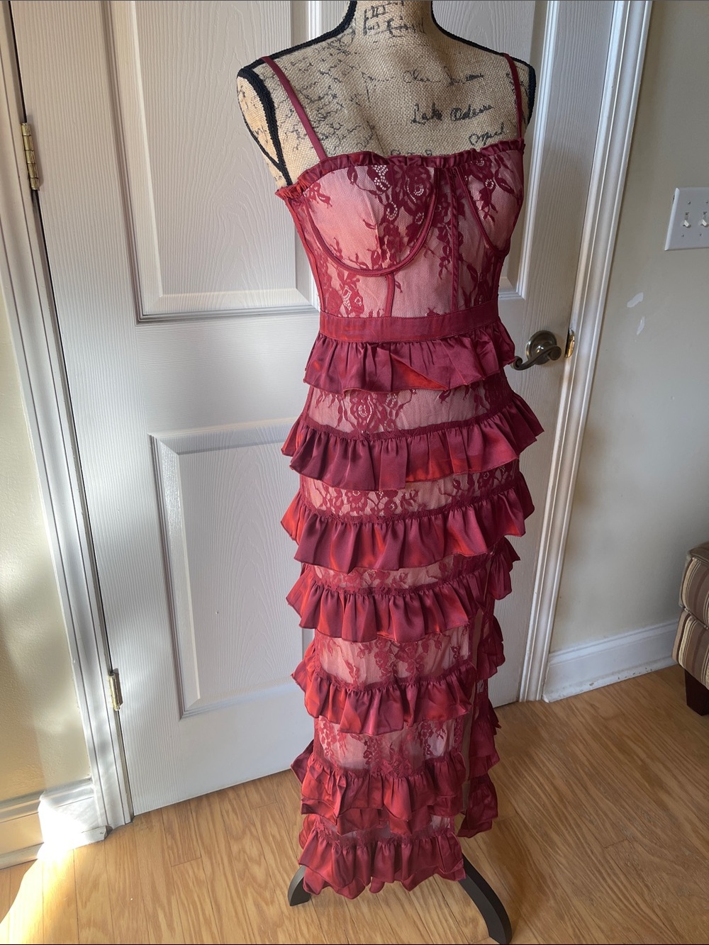 Vici Burgundy Lace Ruffle Maxi Dress, size S, new